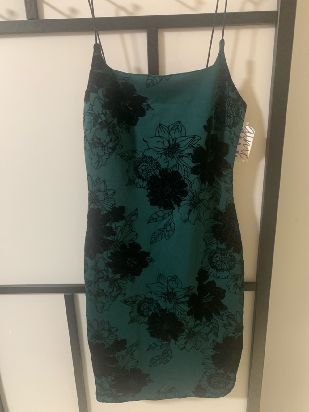 Vintage Teal Black Floral Spaghetti Strap Mini Dress